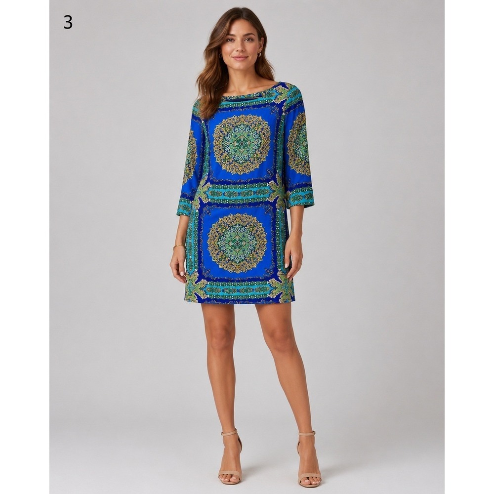 Laundry by Shelli Segal‎ Scarf Print Dress Womens 6P Blue Rayon Lined Zip Back